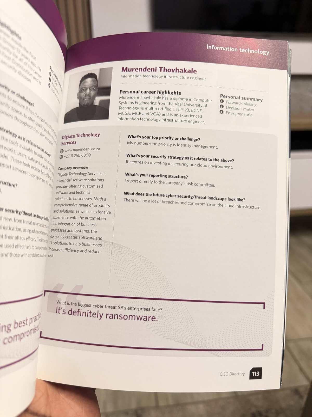 My feature in the 2020 ITWeb CISO Directory, from my time at Digiata